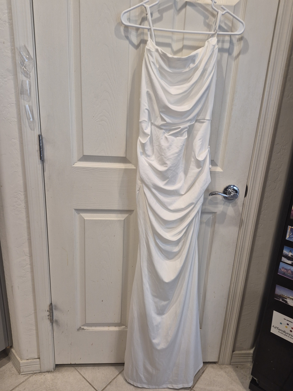 Elegant White Cowl Neck Spaghetti Strap Dress